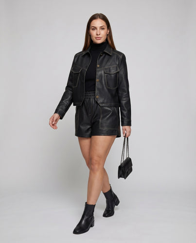 Damen Kunstleder-Set Shirtjacke High-Waist Shorts