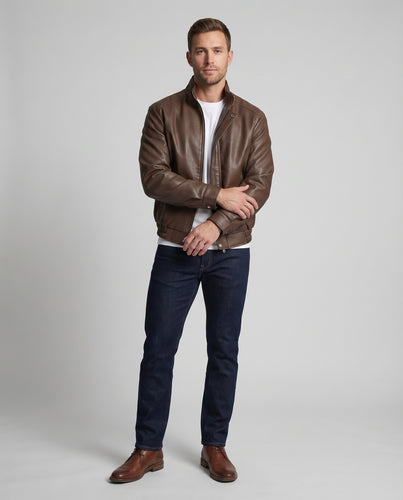 Herren Kunstleder-Kurzjacke Stehkragen Elastische Taille