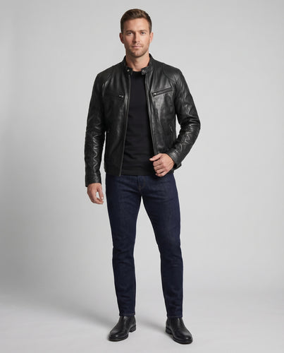 Herren Echtlederjacke Bikerstil Stehkragen 4 Zipper-Taschen
