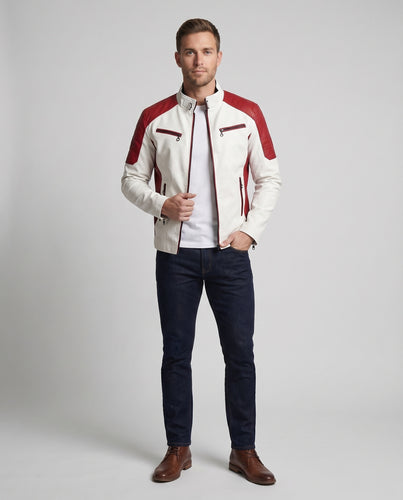 Herren Racerjacke Vegan-Nappa Stehkragen Zipper-Taschen