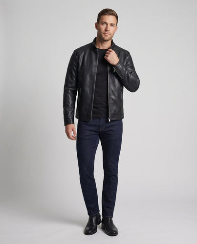 Herren Zip-Blouson Kunstleder Stehkragen Gesteppte Passe