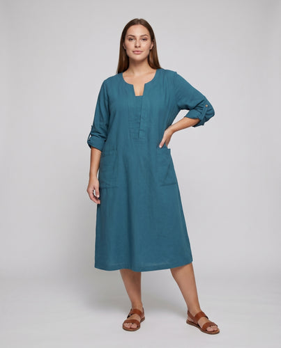 Damen Leinenkleid V-Ausschnitt Aufgesetzte Taschen Krempelärmel