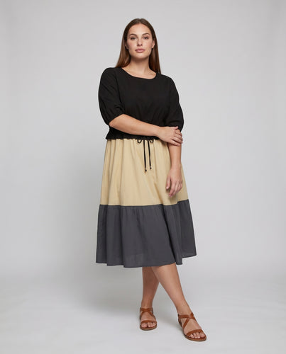 Damen A-Linien-Midikleid Kordel-Taille Stufenrock Halblange Ärmel