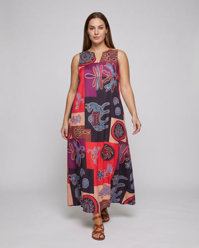 Damen Ärmelloses Maxikleid Patchworkmuster Ausgestellter Saum A-Linie