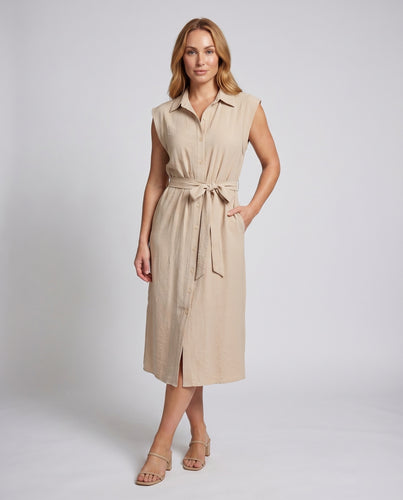 Damen Hemdblusenkleid Taillengürtel Knopfleiste Ärmellos