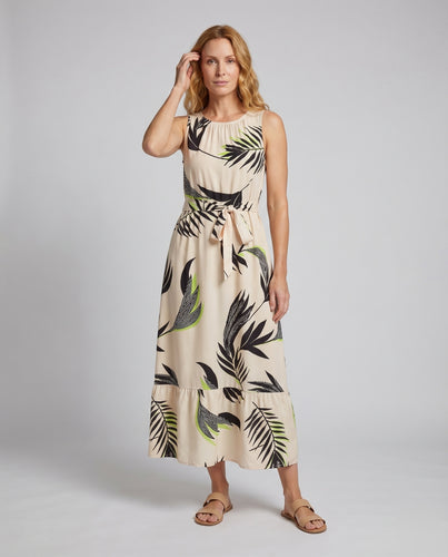 Damen Ärmelloses Maxikleid Taillengürtel Stufenvolant Rundhals