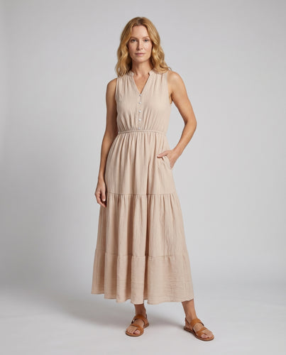 Damen Ärmelloses Maxikleid Knopfleiste Stufige Raffung V-Ausschnitt