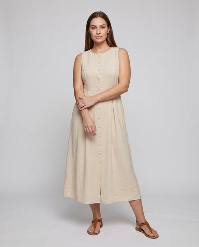 Damen Ärmelloses Midikleid Knopfleiste Taillierter Schnitt Seitentaschen