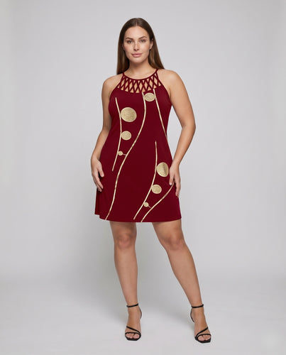 Damen Neckholder-Minikleid Gitter-Hals Asymmetrischer Saum Kreisapplikationen