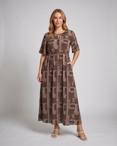 Damen Maxikleid Patchworkmuster Empire-Taille Schlüsselloch-Ausschnitt