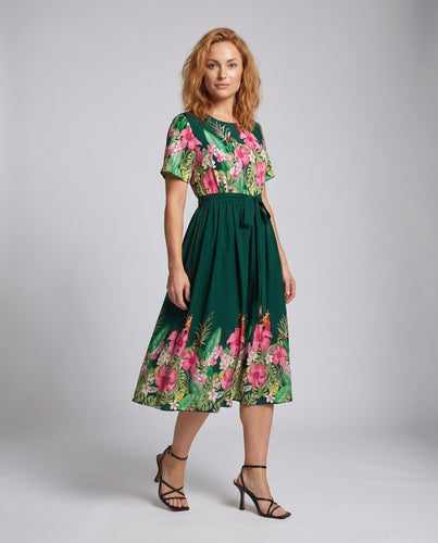 Damen Tellerkleid Tropen-Blumenbordüre Bindegürtel Kurze Ärmel