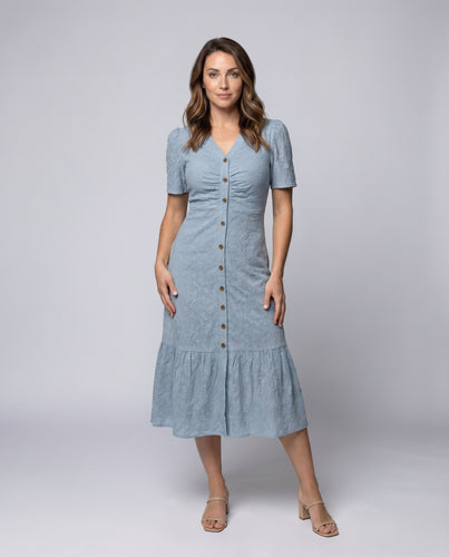 Damen Besticktes Midikleid V-Ausschnitt Brustraffung Zierknopfleiste