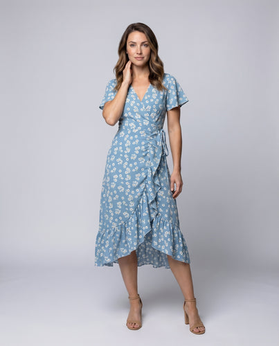 Damen Bindewickel-Midikleid V-Ausschnitt Volantstufen Seitenschlitz