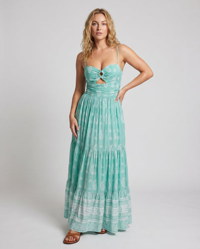 Damen Boho-Maxikleid Bustier Ringschlitz Stufenrock