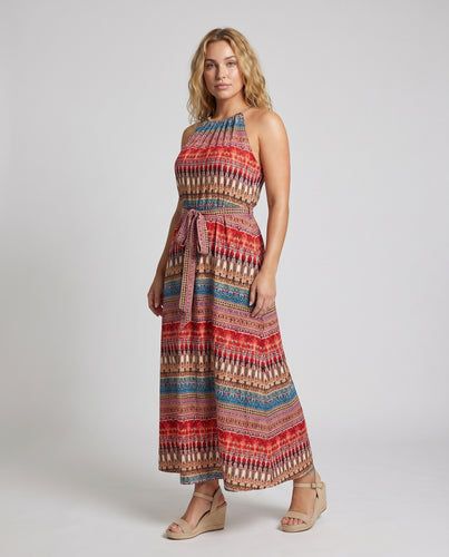 Damen Boho-Midikleid Neckholder Smok-Taille Bindegürtel