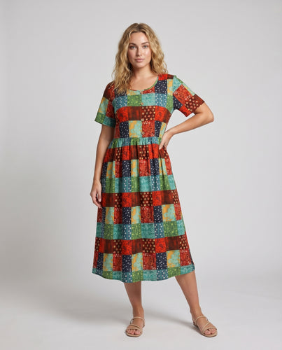 Damen Boho-Patchwork-Midikleid Kurze Knopfleiste Überschnittene Ärmel