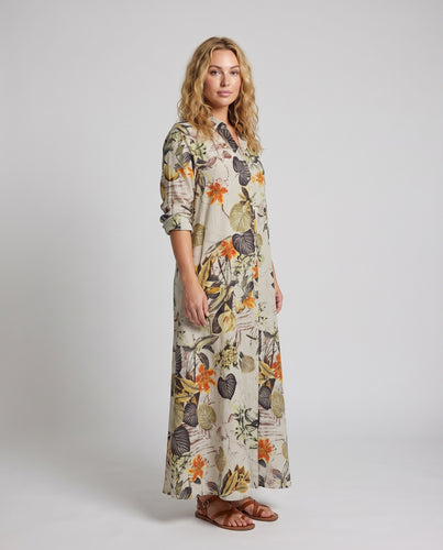 Damen Hemd-Maxikleid Botanik-Print 3/4-Arm Eingrifftaschen