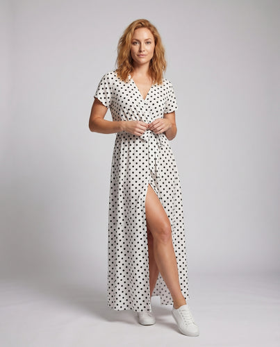 Damen Wickel-Maxikleid Knoten-Taillenband Beinschlitz Kurzarm