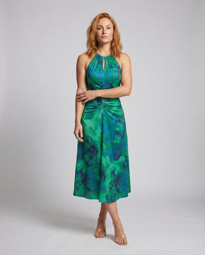 Damen Halterkragen-Midikleid Schlüsselloch-Ausschnitt Taillierte Raffung