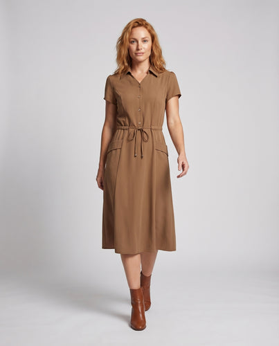 Damen Hemdkleid Kordelzug-Taillierung Pattentaschen Hemdkragen