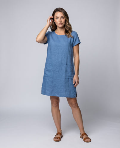 Damen Sommerkleid Leinenoptik Eingrifftaschen A-Linie Rundhals