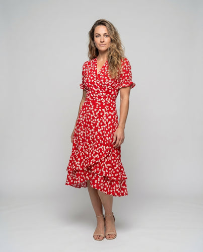 Damen Midikleid Wickeloptik Smok-Bund Stufensaum