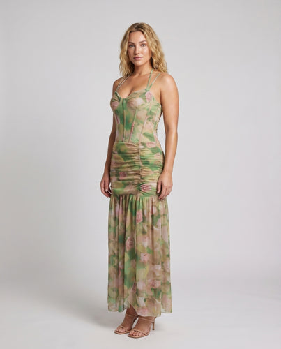 Damen Korsagen-Maxikleid Stufensaum Seitliche Raffung Cups