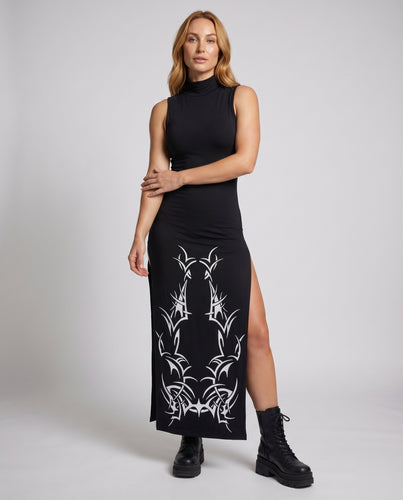 Damen Maxikleid Rollkragen Ärmellos Saumprint