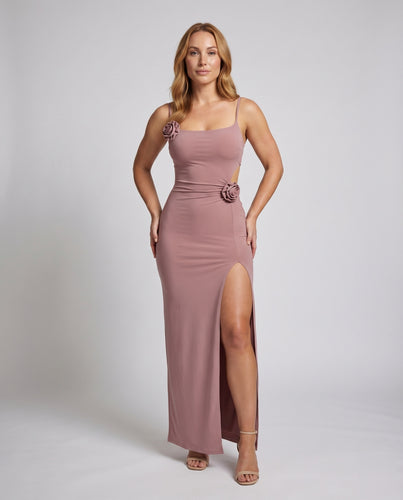 Damen Maxikleid Blumenapplikationen Beinschlitz Spaghettiträger