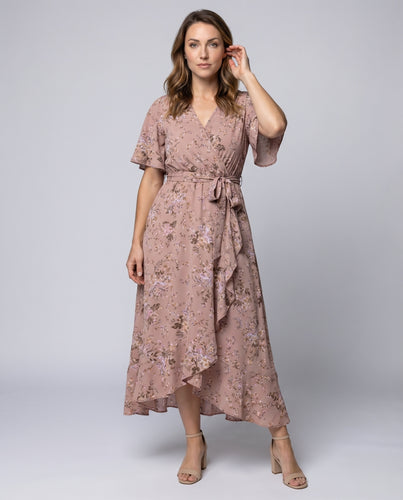 Damen Midaxi-Wickelkleid High-Low-Saum Flügelärmel Taschen