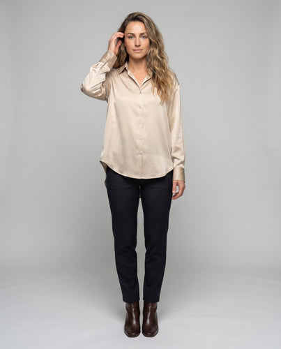 Damen Satin-Hemdbluse Oversize Verlängerter Rückensaum Hemdkragen