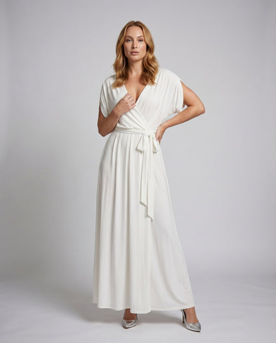 Damen Wickel-Maxikleid V-Ausschnitt Fledermausärmel Taillenband