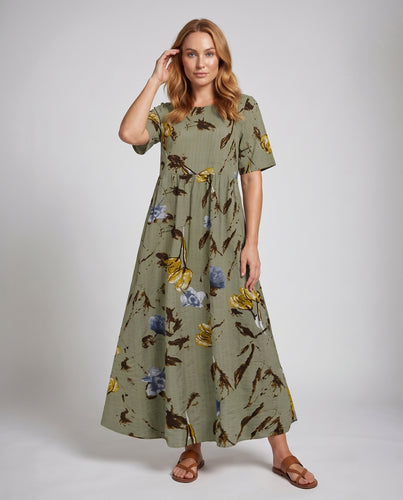 Damen Sommer-Maxikleid Babydoll-Silhouette Geraffte Taillennaht Kurzarm