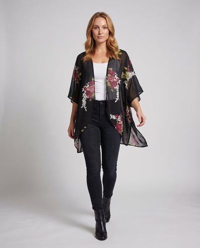 Damen Kimono-Überwurfjacke Florale Drapierung Offene Front Kurzarm