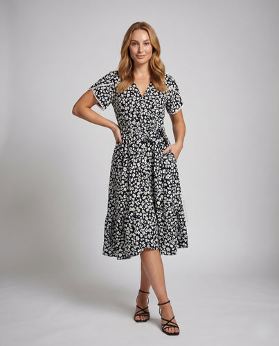 Damen Florales Bindekleid V-Ausschnitt Raffung Häkel-Ärmelsaum