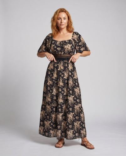 Damen Florales Midaxi-Kleid Quadrat-Dekolleté Häkel-Taillenband Eingrifftaschen