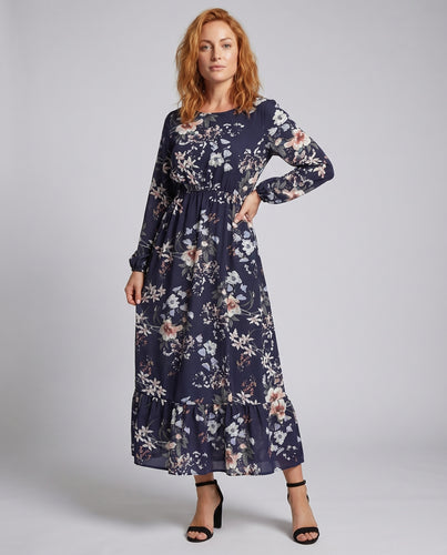 Damen Florales Midikleid Empire-Taille Manschettenärmel Volant-Saum