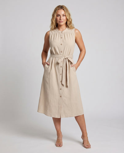 Damen Midikleid Leinenoptik Knopfleiste Bindegürtel Seitentaschen