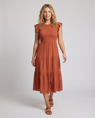 Damen Gerafftes Midikleid Korsagenoberteil Stufenvolant Flügelärmel