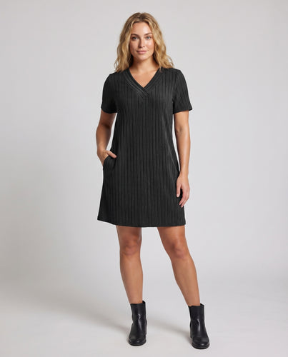 Damen Strickkleid V-Ausschnitt Kastige Kurzärmel A-Linie