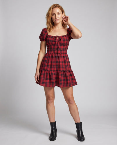Damen Tartan-Minikleid Puffärmel Schößchen-Silhouette Quadrat-Ausschnitt