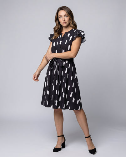 Damen A-Linienkleid Geometrischer Print Bindegürtel Volantärmel