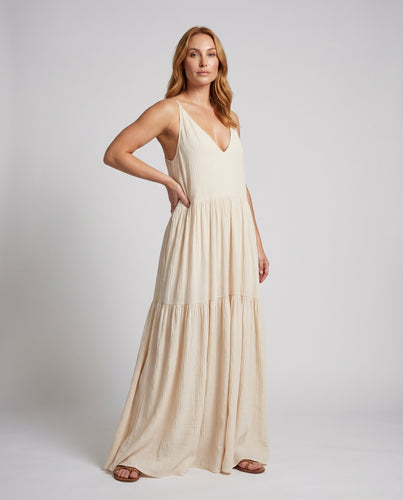 Damen Krepp-Maxikleid Empire-Büste Stufensaum V-Ausschnitt