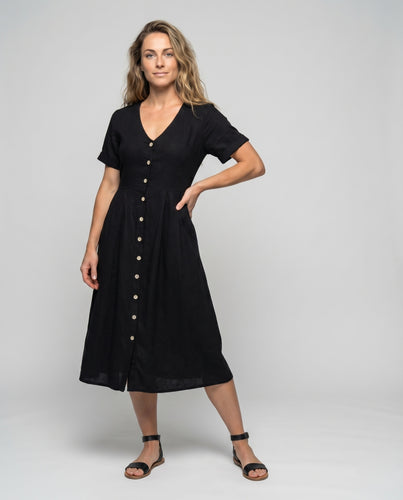 Damen Midikleid V-Ausschnitt Zierknopfleiste Eingrifftaschen