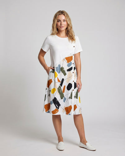 Damen A-Linien-Midikleid Knopfband Pinsel-Print Kontrast-Teilung