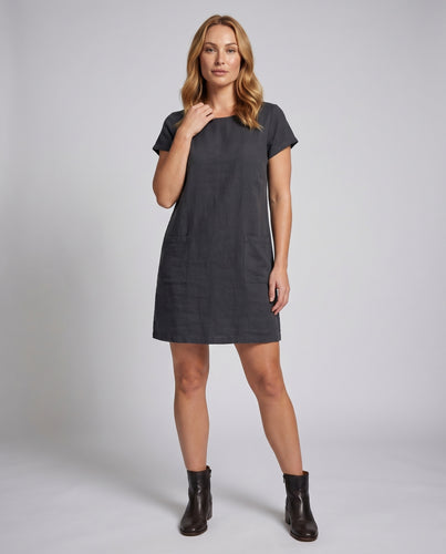 Damen Leinenmix-Kleid Oversize-Shift Rundhals Seitentaschen