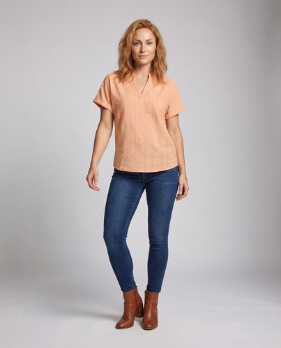 Damen Broderie-Anglaise-Bluse V-Schlitz-Ausschnitt Krempelärmel Kurzarm