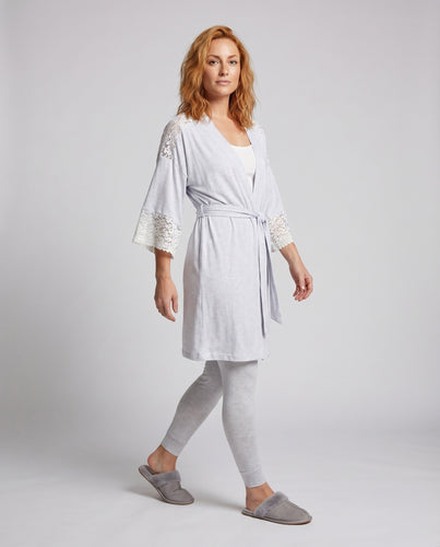 Damen Kimono-Morgenmantel Spitzeneinsätze Bindegürtel Leicht