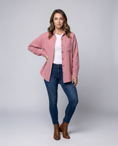 Damen Baumwoll-Musselin-Hemdjacke Brusttasche Knopfleiste Weit