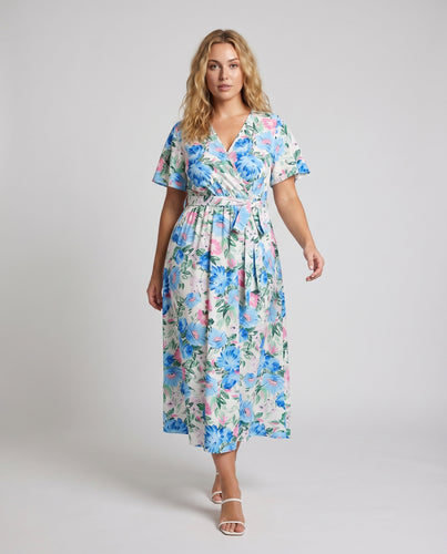 Damen Midaxi-Kleid Überkreuzte Brust Taillenband Schmetterlingsärmel